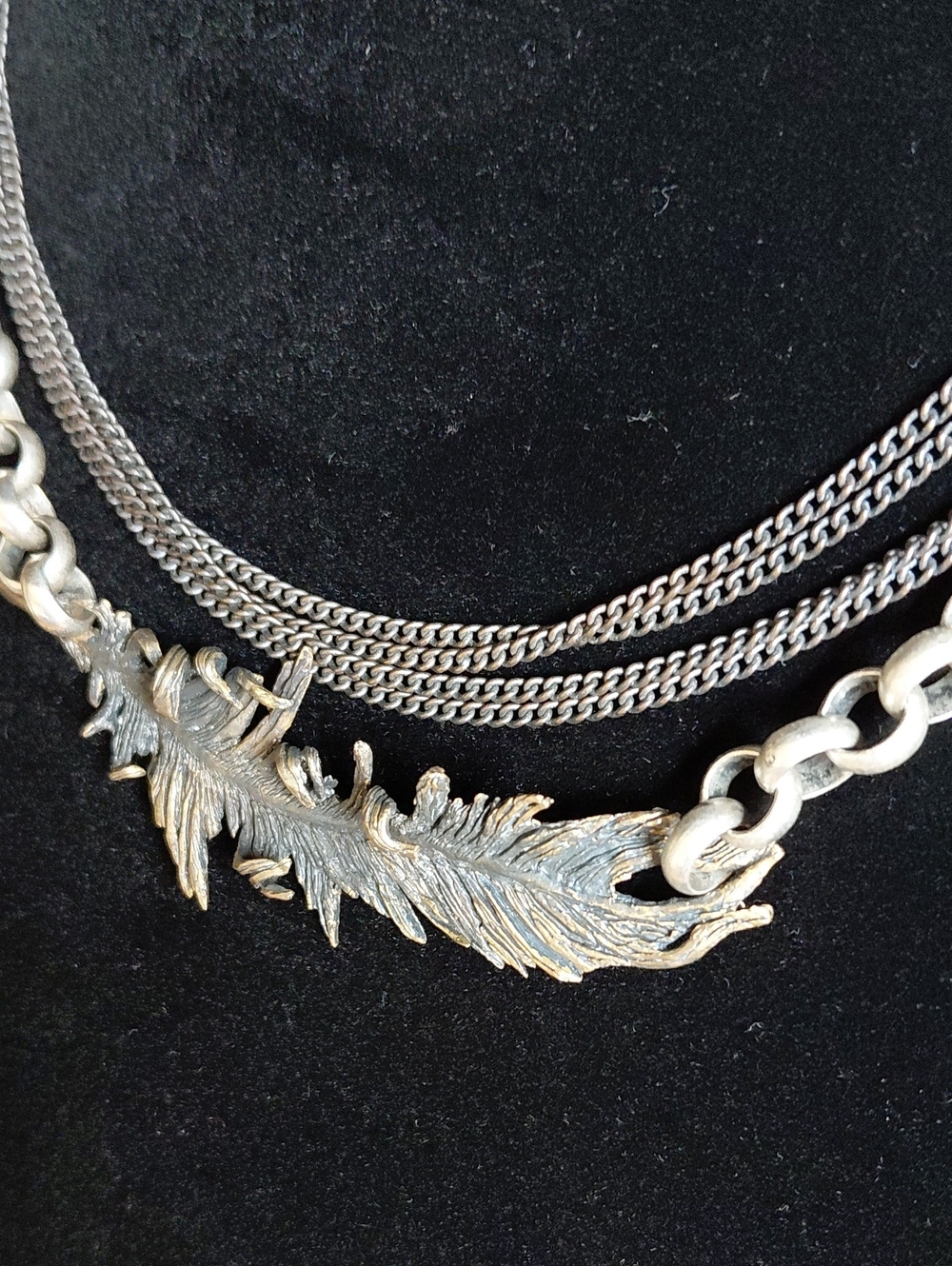 Bronze Feather Pendant Multi-Strand Necklace in Antique Silver and Gunmetal - Picture 2 of 8